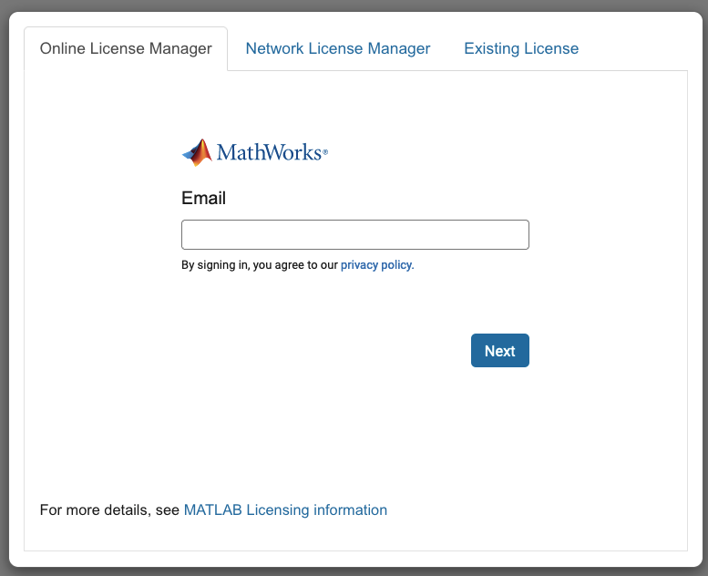 screenshot of MATLAB login page prompting your email address