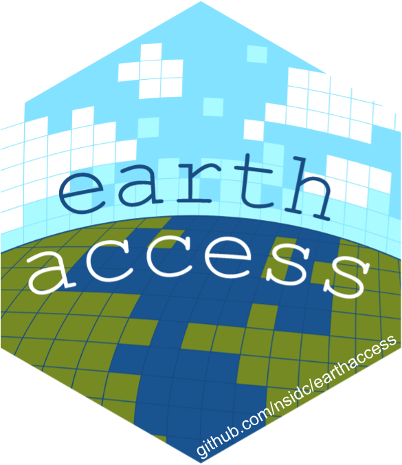 hexagonal earthaccess logo, an illustrated earth as pixels with blue text arcing across