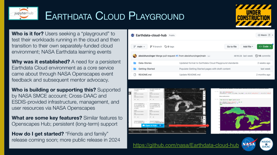 slide with heading Earthdata Cloud Playground, text box to left, screenshots to right show a GitHub repo and out put of a python notebook showing graphic of the Great Lakes