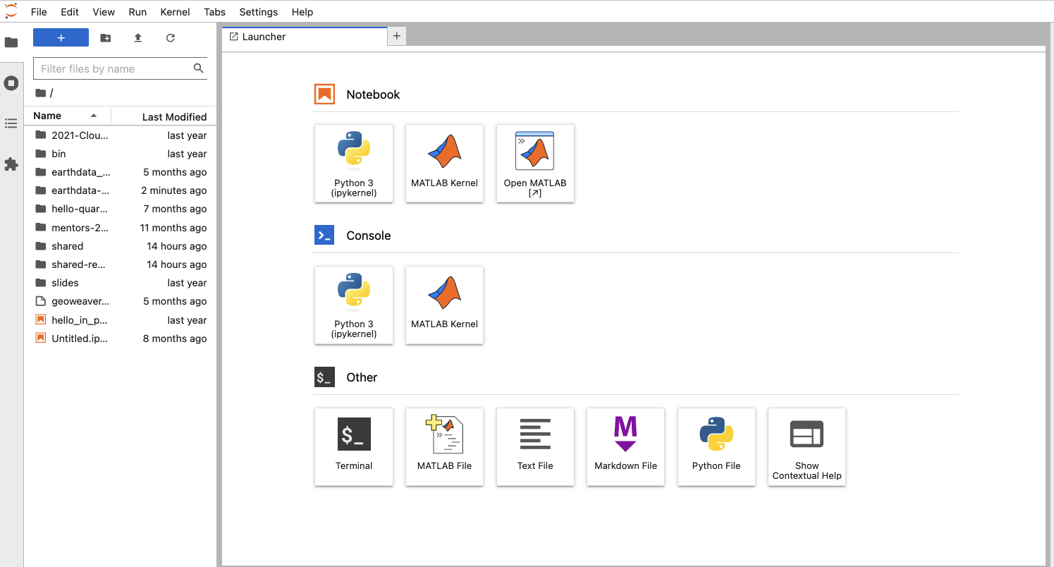 JupyterHub interface with folders listing on left and launcher window on right including 3 rows of icons. Top row inludes MATLAB launcher