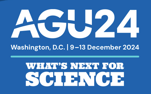 AGU 2024 meeting logo white text on blue background says AGU24 Washington, DC | 9-13 December 2024 above a teal horizontal line, then text What's Next for Science