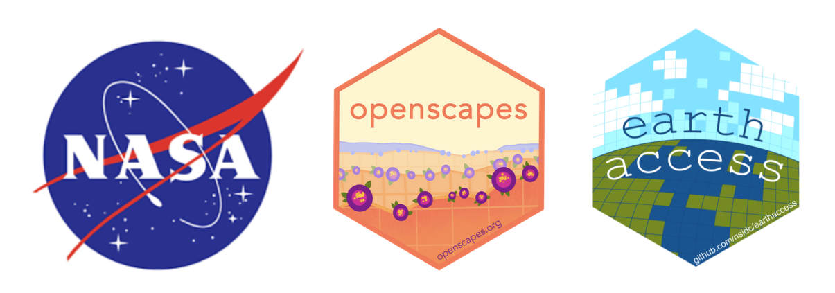 left to right: nasa logo, openscapes logo, earthaccess logo