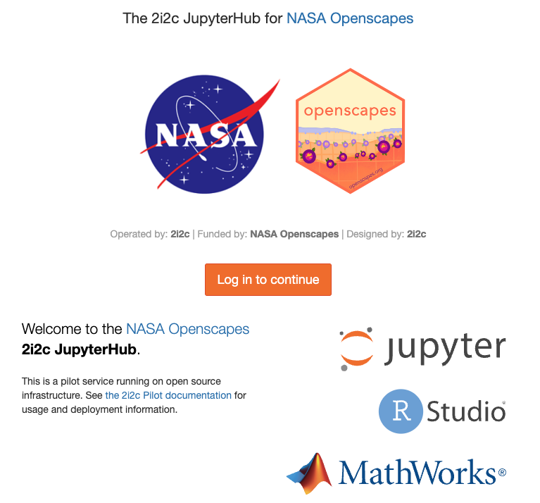 Login page for the NASA Openscapes 2i2c JupyterHub, “the Hub”